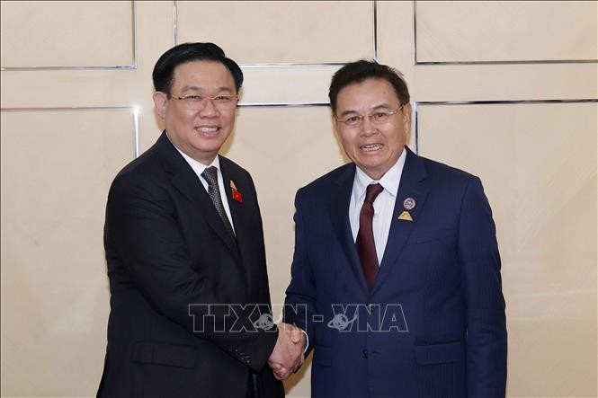 越南国会主席王廷惠会见老挝国会主席赛宋蓬·丰威汉。（图片来源：越通社）