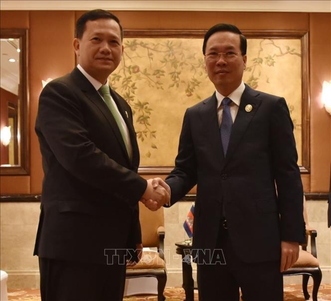 越南国家主席武文赏会见柬埔寨首相洪玛奈。（图片来源：VGP）