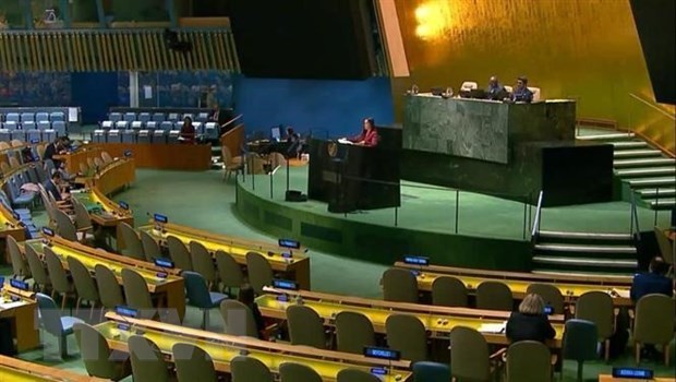越南常驻联合国常务副团长黎氏明钗公使衔参赞在会议上发表讲话。（图片来源：越通社）