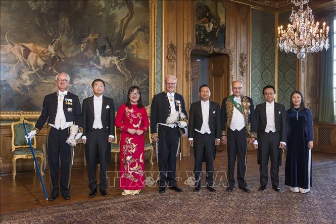越南驻瑞典大使陈文俊（右四）与各位代表合影。（图片来源：越通社）