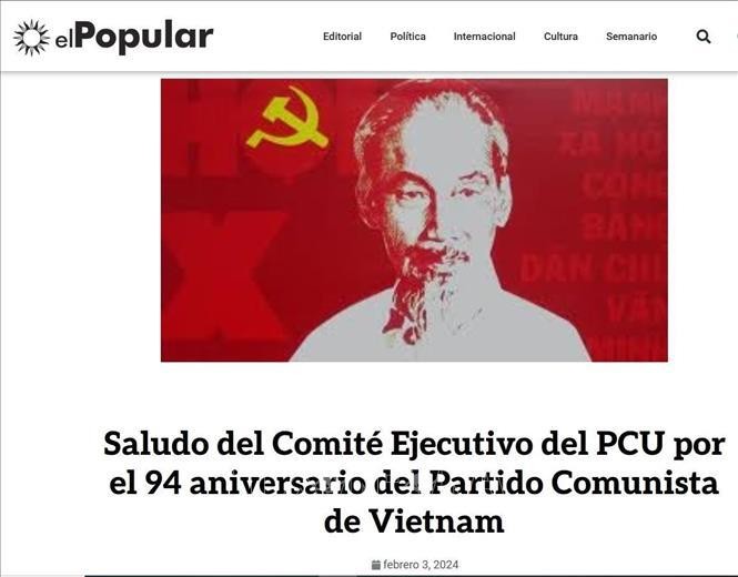 乌拉圭共产党机关报《人民报》刊登了关于乌拉圭共产党中央委员会庆祝越南共产党建党94周年的文章。（图片来源：越通社）