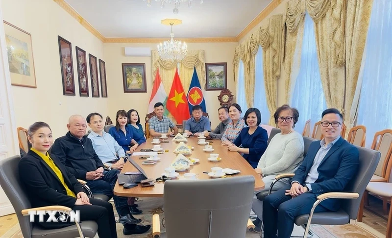 越南驻匈牙利大使阮氏碧草与旅居匈牙利越南人代表和长沙俱乐部成员会面。（图片来源：越通社）