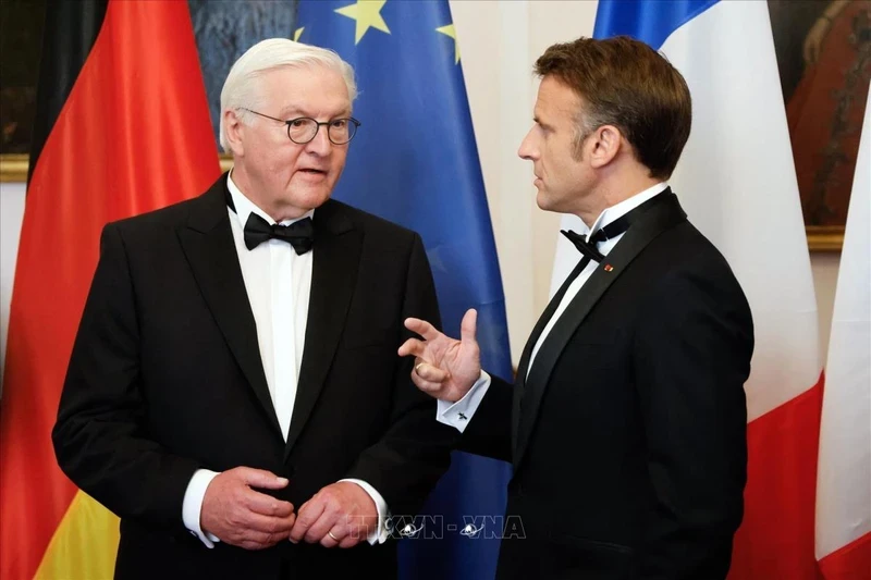 法国总统埃马纽埃尔·马克龙（右）和德国总统弗兰克-瓦尔特·施泰因迈尔2024年5月26日在柏林的会晤。（图片来源：法新社 越通社）