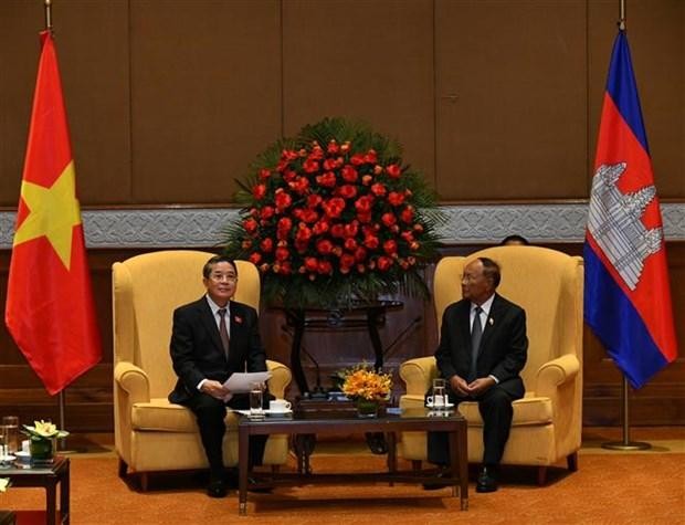 越南国会副主席阮德海会见柬埔寨国会主席韩桑林。（图片来源：越通社）