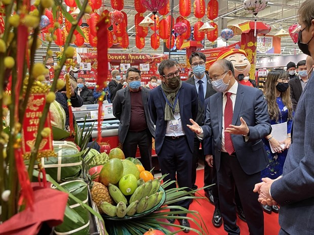 越南驻法国大使丁全胜在法国介绍越南传统春节。（图片来源：越通社）