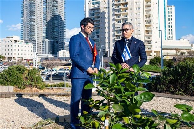 李德忠大使和Eli Nacht市长出席纪念越以建交30周年植树仪式。（图片来源：越通社）