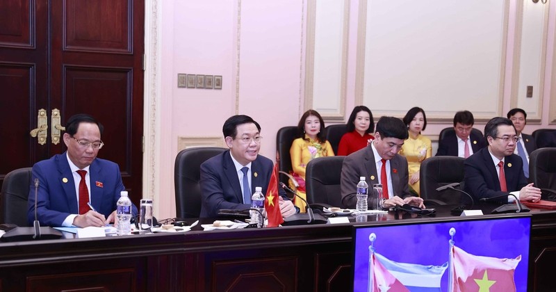 越南国会主席王廷惠在会谈上发表讲话。（图片来源：越通社）