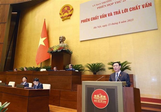 越南国会主席王廷惠在活动上发表讲话。（图片来源：越通社）