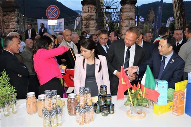 杨海兴大使和弗朗西斯科·洛洛布里吉达部长参观展览会。（图片来源：越通社）