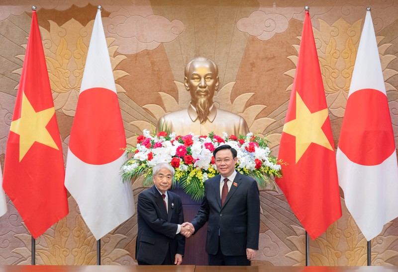 越南国会主席王廷惠与日本参议院议长尾辻秀久举行会谈。（图片来源：国会官网）