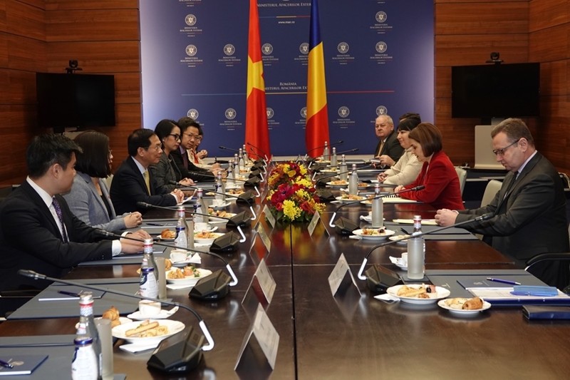 越南外交部长裴青山与罗马尼亚外交部长卢米尼塔·奥多贝斯库家举行会谈。（图片来源：dangcongsan.vn）