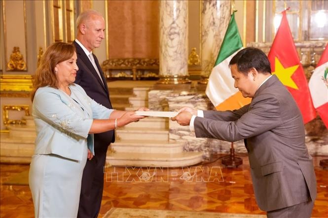 裴文毅大使向秘鲁总统递交越南国家主席武文赏的委任书。（图片来源：baotintuc.vn）