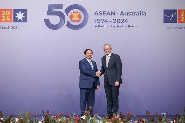 澳大利亚总理欢迎范明正总理出席纪念东盟与澳大利亚关系50周年特别峰会。（图片来源：越通社）