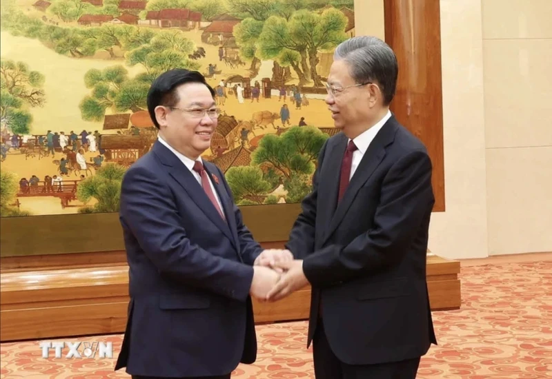 越南国会主席王廷惠和中国全国人大常委会委员长赵乐际。（图片来源：越通社）