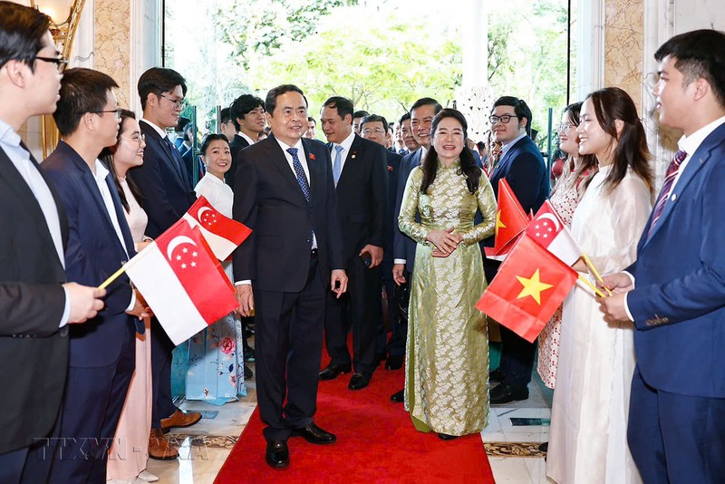 越南国会主席陈青敏和夫人抵达新加坡首都新加坡樟宜机场。（图片来源：越通社）