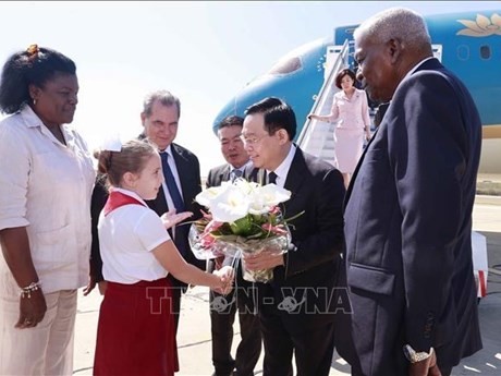 圣地亚哥人民在机场迎接国会主席王廷惠。（图片来源：越通社）