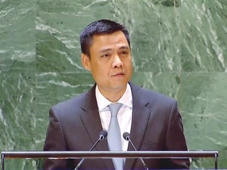 越南常驻联合国代表团团长邓黄江大使在会上发表讲话。