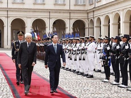 越南国家主席武文赏和意大利总统塞尔焦·马塔雷拉检阅仪仗队。