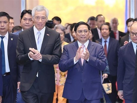 范明正总理和李显龙总理出席越新投资合作促进会。