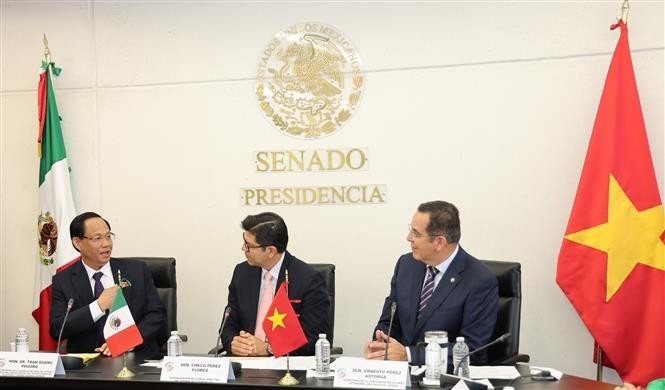 越南国会副主席陈光方在墨西哥参议院与参议院第一副议长弗洛雷斯举行会谈。