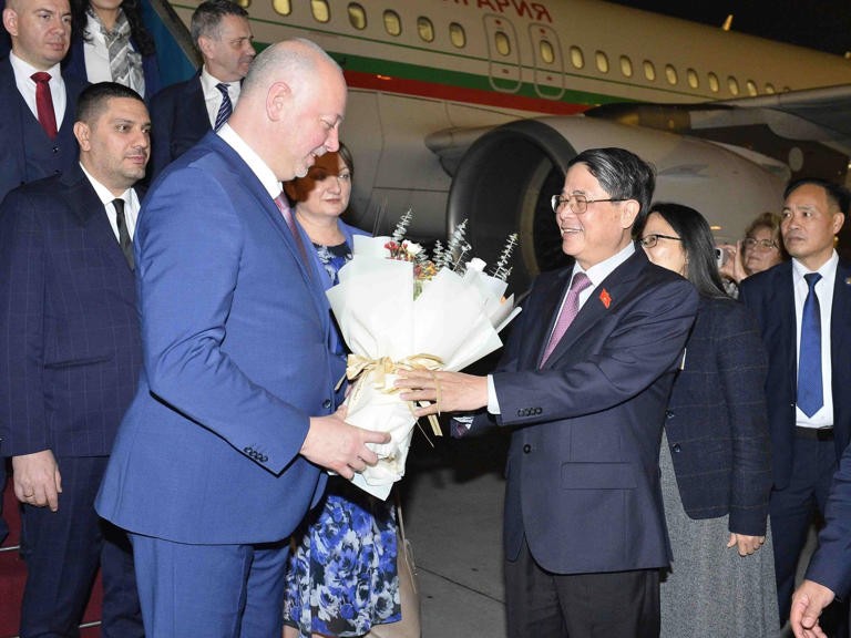 越南国会副主席阮德海等在机场迎接保加利亚国民议会议长罗森·季米特洛夫·耶利亚兹科夫。