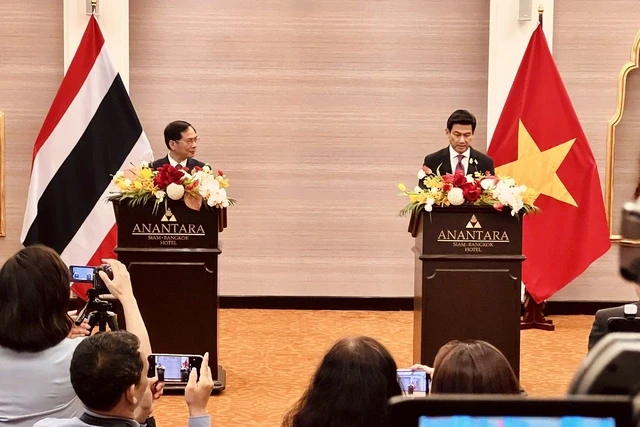 越南外交部长裴青山与泰国副总理兼外交部长帕恩普里·巴希达-努卡拉会后出席记者会。