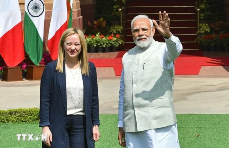 2023年3月2日，印度总理纳伦德拉·莫迪在新德里与意大利总理乔治亚·梅洛尼会面。（图片来源：法新社/越通社）