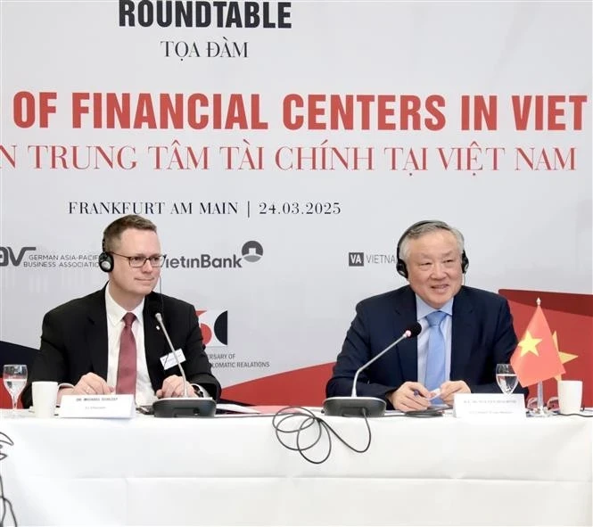 越南政府常务副总理阮和平同欧洲央行（ECB）出席越南金融中心建设座谈会。（图片来源：越通社）