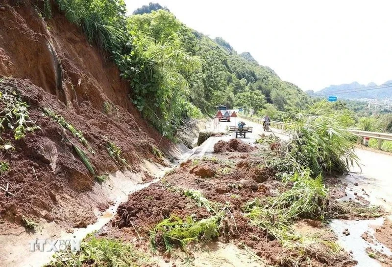 由于强降雨引发山体滑坡，造成交通安全隐患。（图片来源：越通社）