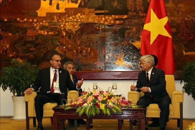 越南祖国阵线中央委员会主席杜文战会见阿尔及利亚民族解放阵线党政治局委员本萨莱姆·穆罕默德。（图片来源：越通社）
