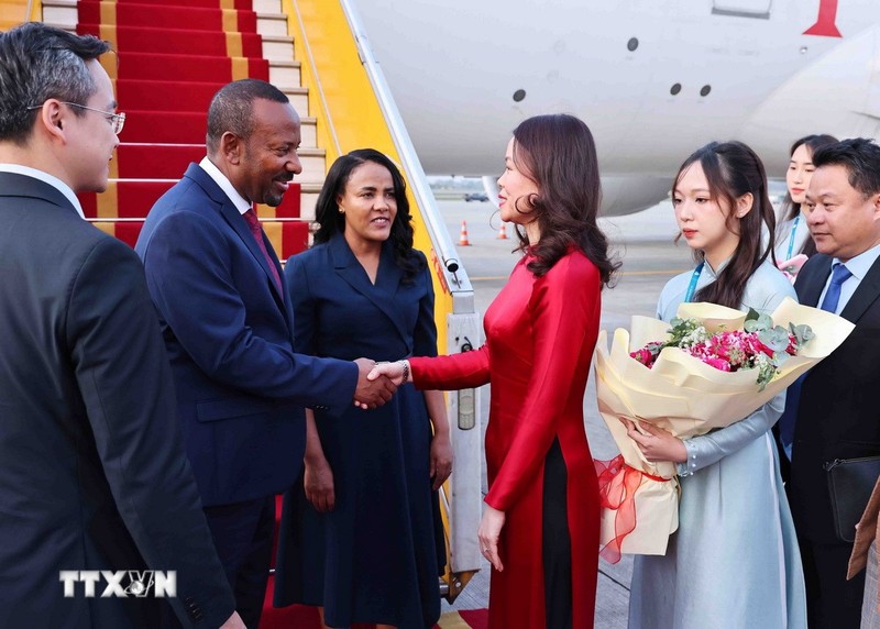 埃塞俄比亚总理阿比·艾哈迈德·阿里和夫人抵达河内内排机场。（图片来源：越通社）