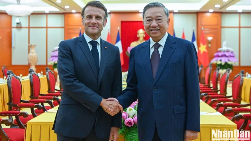 越共中央总书记苏林会见法国总统马克龙。（陈海 摄）
