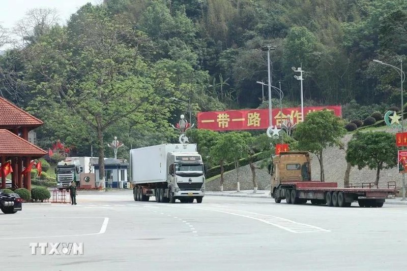 进出口货物通过谅山友谊国际口岸通关的运输车辆。（图片来源：越通社）