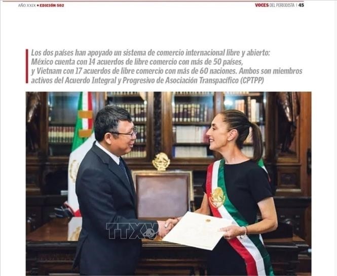 《Voces Del Periodista》报刊登越南驻墨西哥大使阮文海和墨西哥总统克劳迪娅·辛鲍姆·帕尔多的图片。（图片来源：越通社）