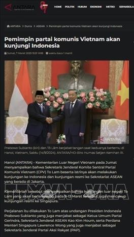 印尼国家通讯社安塔拉通讯社就苏林总书记对印度尼西亚国事访问进行报道。