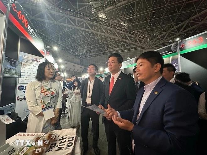 代表们参观越南展位的产品。（图片来源：越通社）