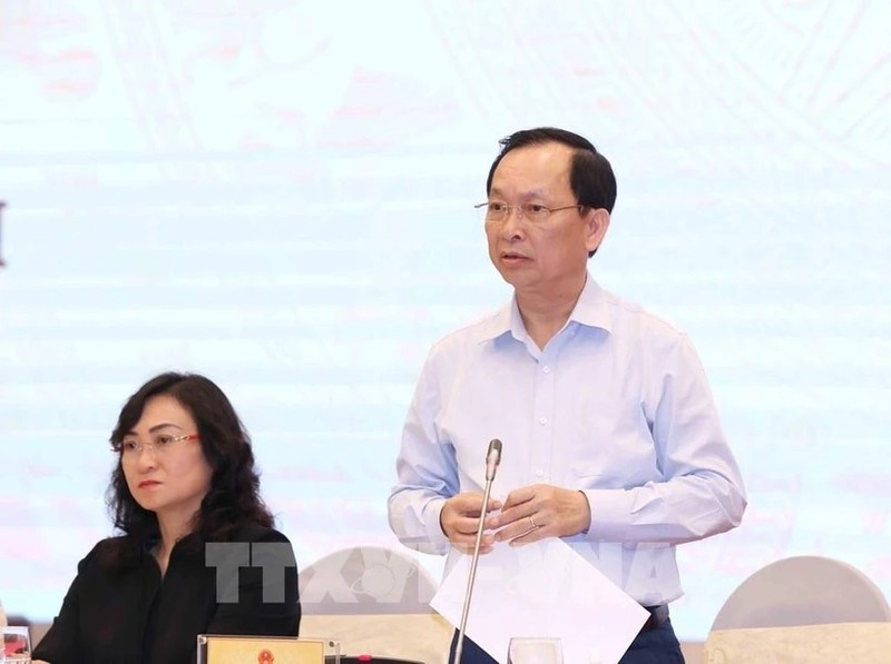 越南国家银行副行长陶明秀在新闻发布会上回答记者的提问。（图片来源：越通社）