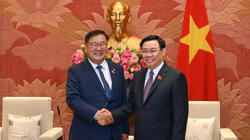 越南国会主席王廷惠会见韩越友好议员小组主席金叹研。（维玲 摄）