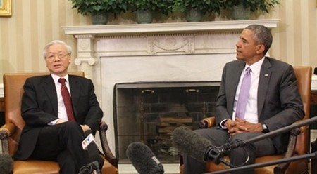 阮富仲总书记同奥巴马总举行会晤。（图片来源：VOV）