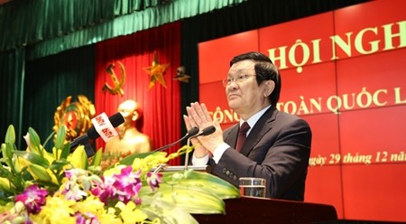 越南国家主席张晋创发表讲话。（图片来源：人民公安报）