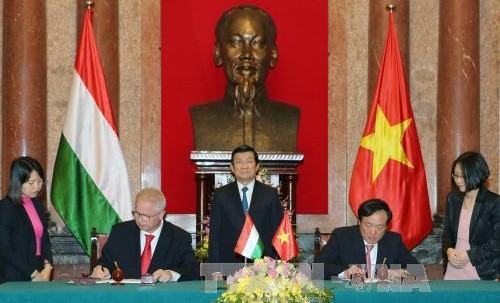 张晋创主席出席《越南与匈牙利刑事司法协助协定》签订仪式。（图片来源：越通社）