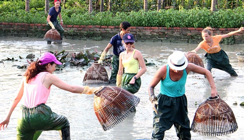 外国游客在安德乡体验越南传统捕鱼方式。