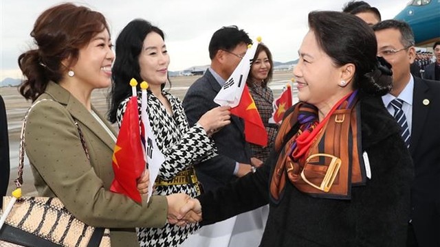 越南国会主席阮氏金银抵达釜山，开始对韩国进行正式访问。（图片来源：越通社）