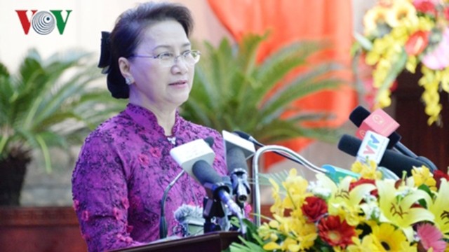 国会主席阮氏金银在岘港市第九届人民议会第九次会议上发表讲话。（图片来源：VOV）