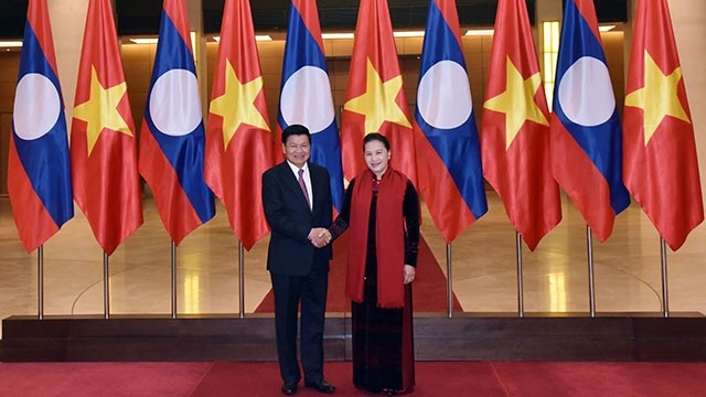 越南国会主席阮氏金银会见老挝总理通伦•西苏里。（图片来源：维玲 摄）
