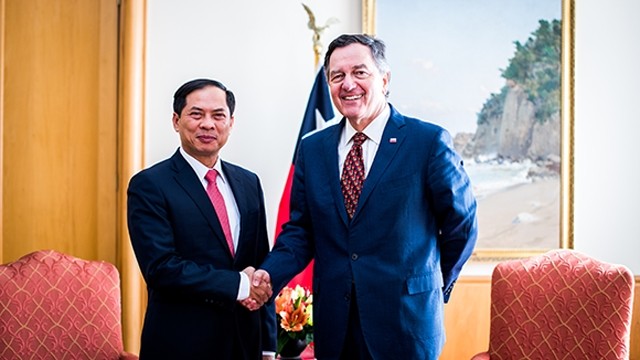越南外交部常务副部长裴青山与智利外交部长罗伯托·安普埃罗握手。