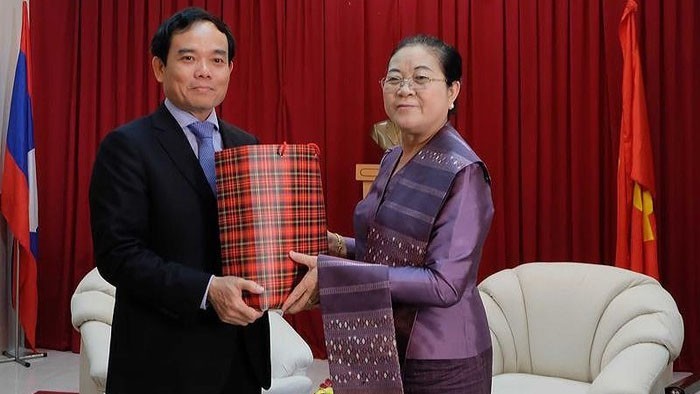 胡志明市市委常务副书记陈刘光向老挝驻胡志明市总领事馆赠送礼物。（图片来源：VOH）
