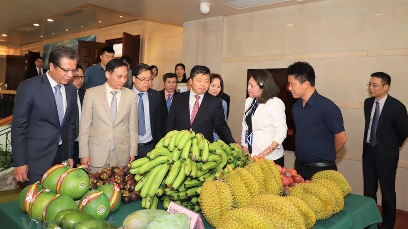 黎怀忠副部长和欧阳卫民副省长参观越南产品展位。（图片来源：越通社）