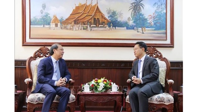 阮国勇副部长礼节性拜会老挝外交部部长沙伦赛。（图片来源：越通社）
