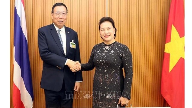 越南国会主席阮氏金银会见泰国上议院议长蓬佩•威奇春猜。
